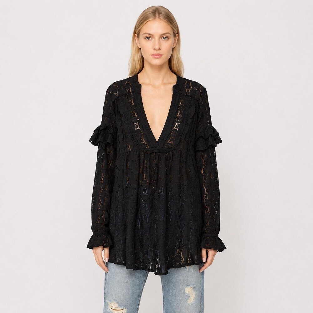 Free People Candy Shop Tunic Top size XS Black Lace Semi Sheer Ruffle Slouchy